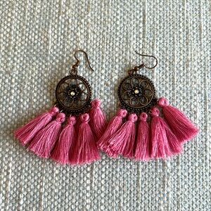 Boho chic pink fringe earrings